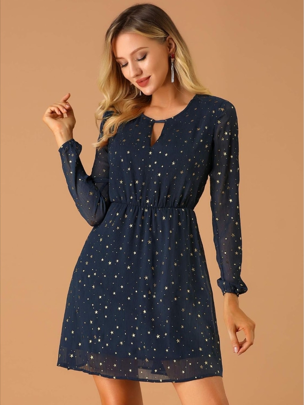 Metallic Star Choker V Neck Party Flared A-Lin Star Print Long-Sleeve Mini Dress